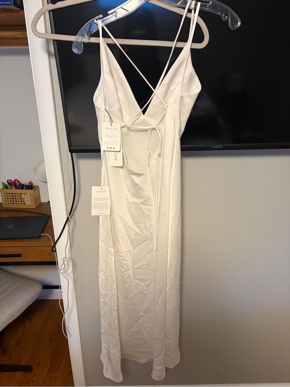 Jenny Yoo Ivory Satin V-Neck Slip Midi Dress - Picture 2 of 5